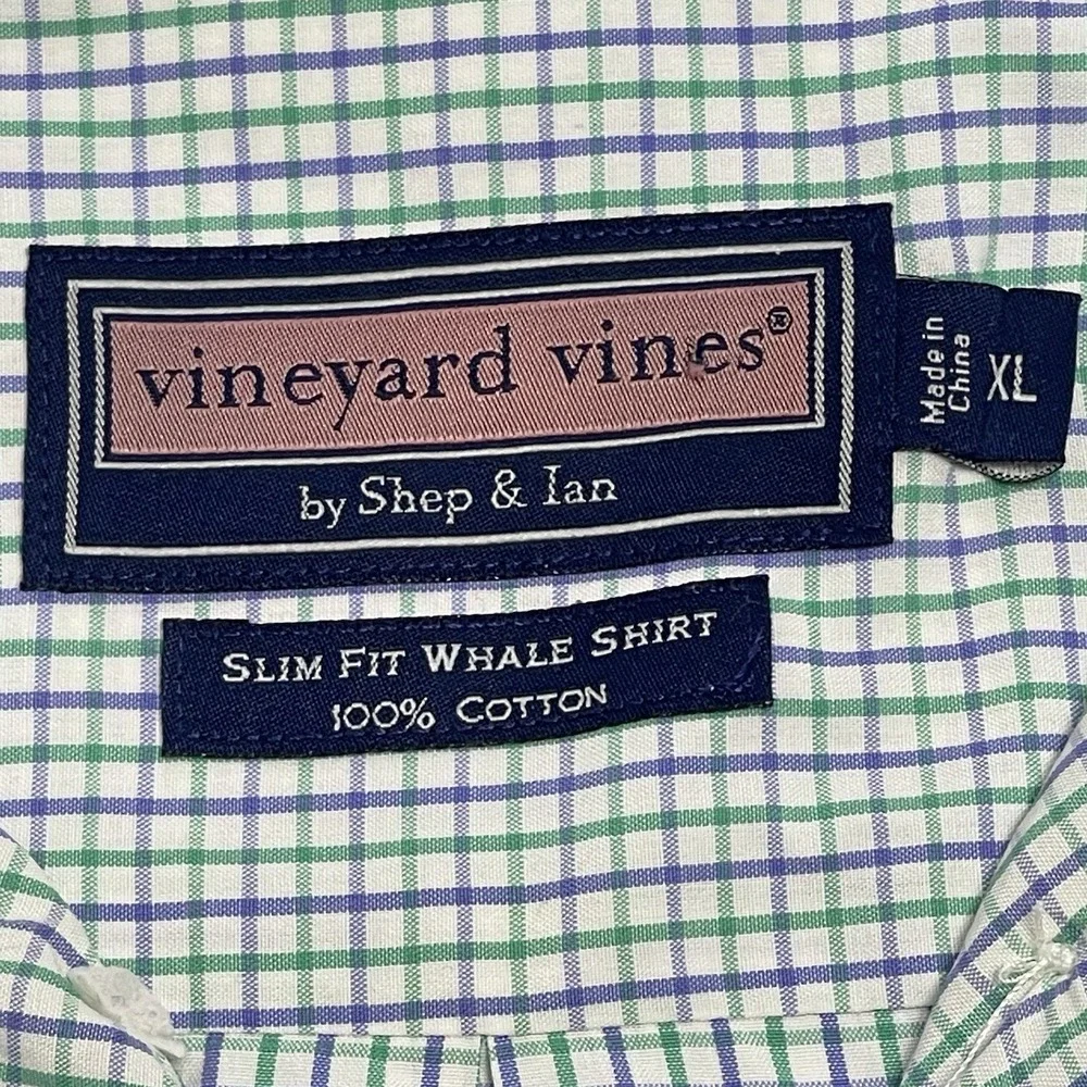 Vineyard Vines Men's XL White Green Purple Plaid Slim Fit Whale Checkered